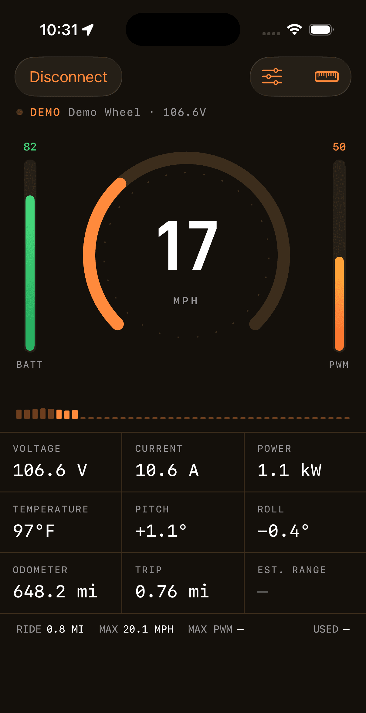 The Wheel Life dashboard: a speed gauge with battery and PWM rails either side, over tiles for voltage, current, power, temperature, pitch, roll and odometer.